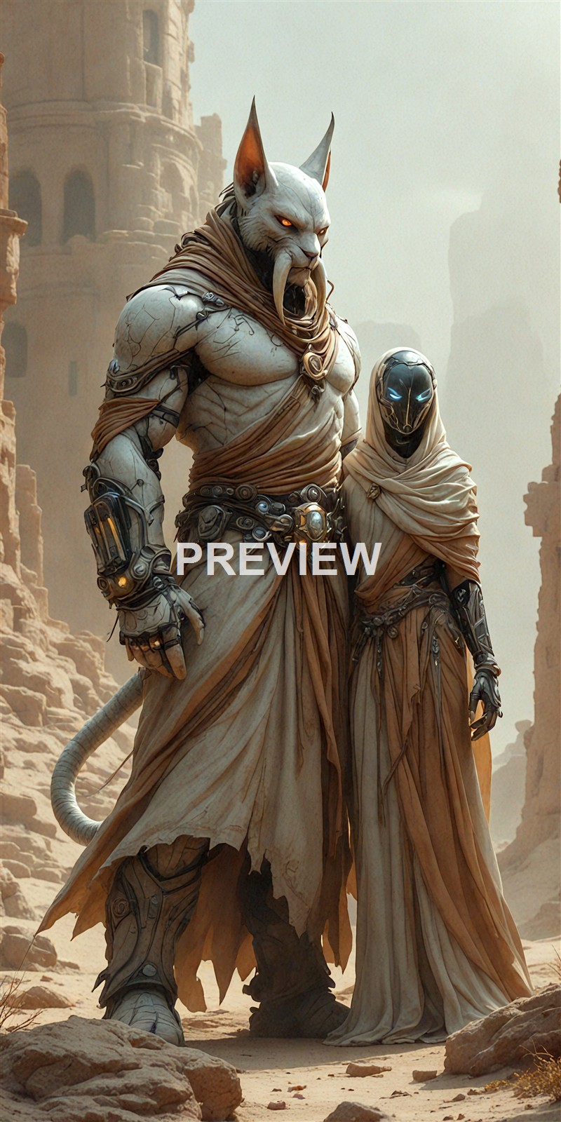 Two humanoid characters with feline and robotic features stand in a desert-like environment with ancient ruins in the background, one significantly taller and more muscular than the other.